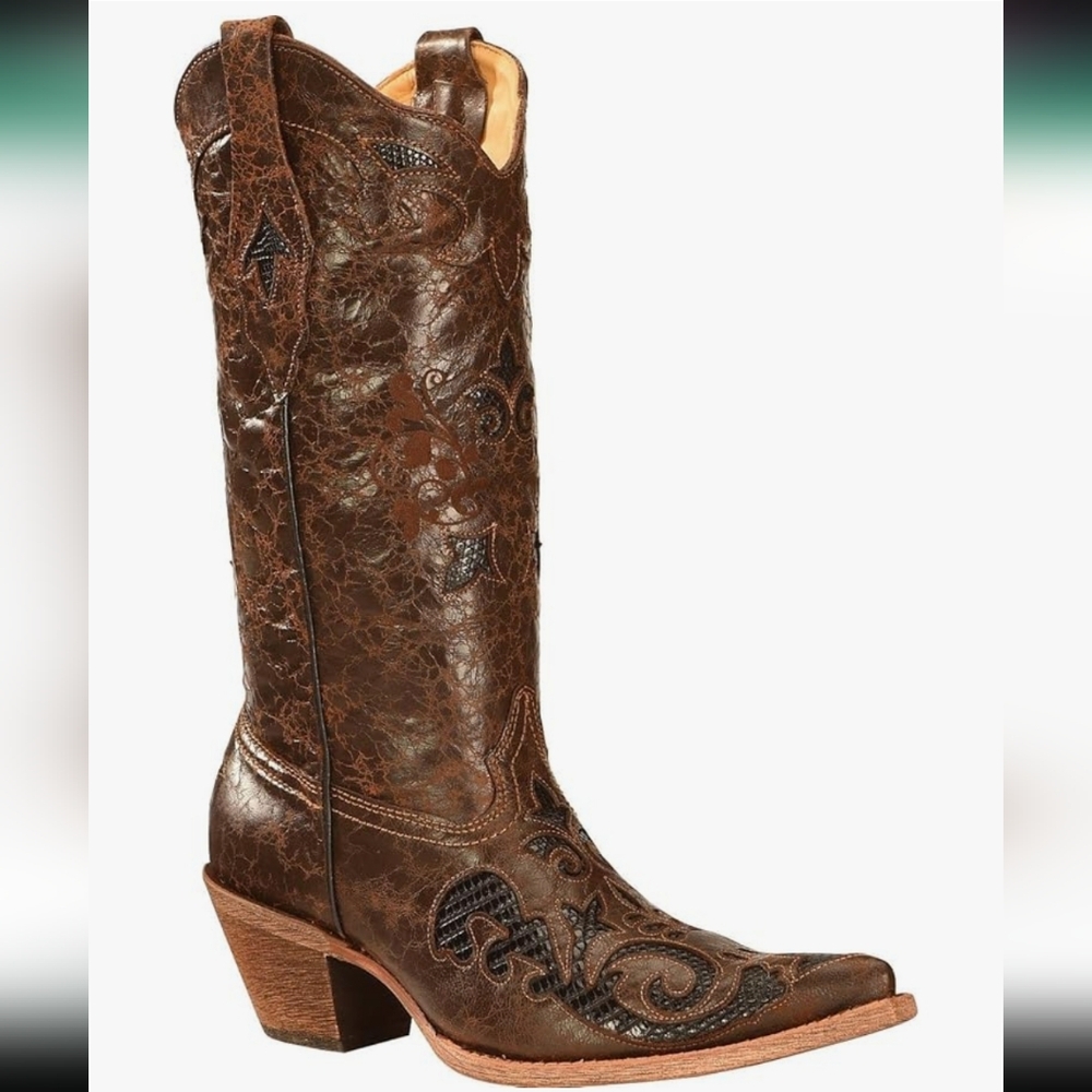 CORRAL Women's Chocolate Lizard Inlay Snip Toe Cowgirl Boots